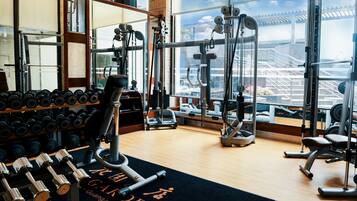 A gym with various exercise equipment, a mirror, and a view of a bridge through large windows.