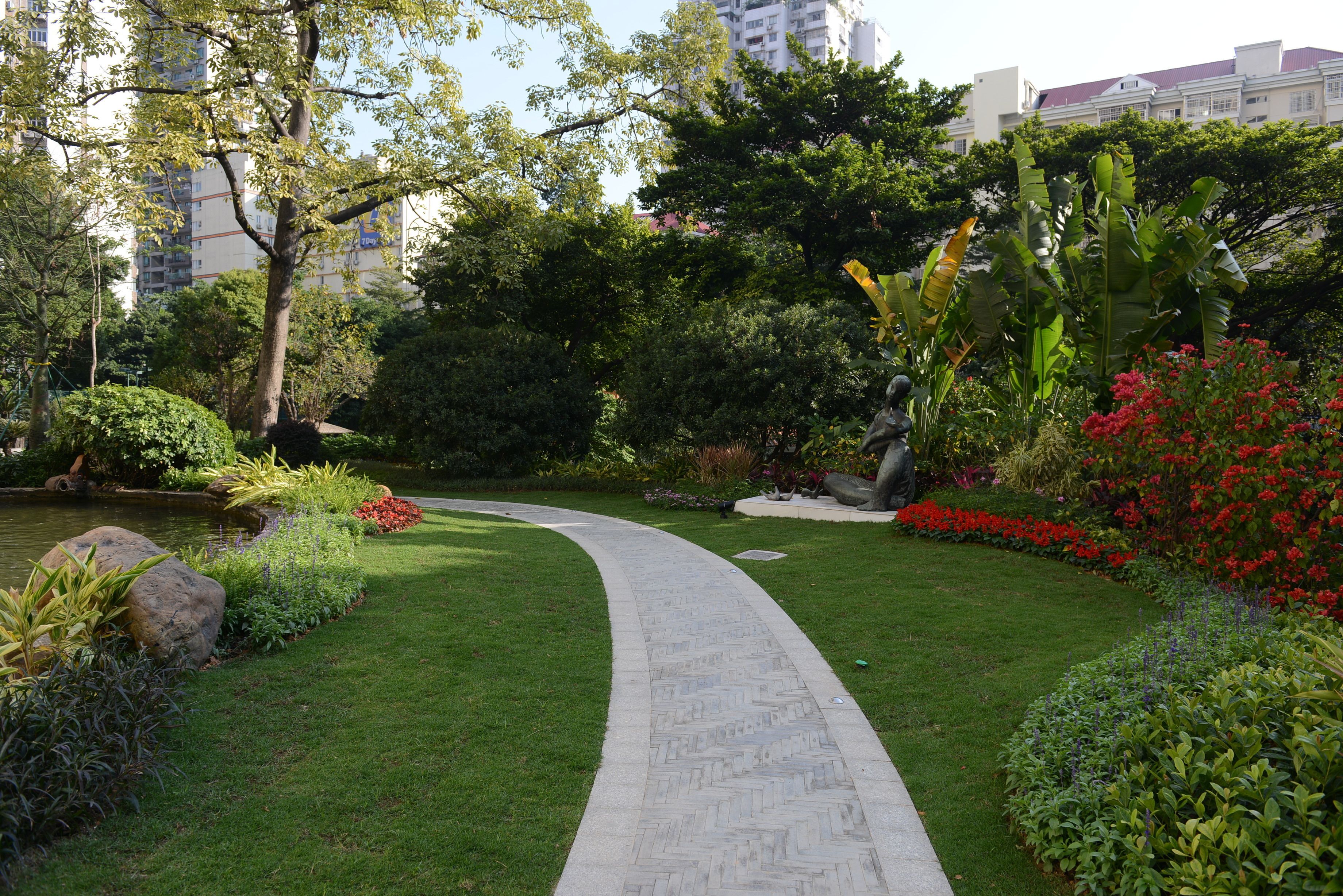 Un jardín ajardinado con un sendero sinuoso, diversas plantas y un estanque.