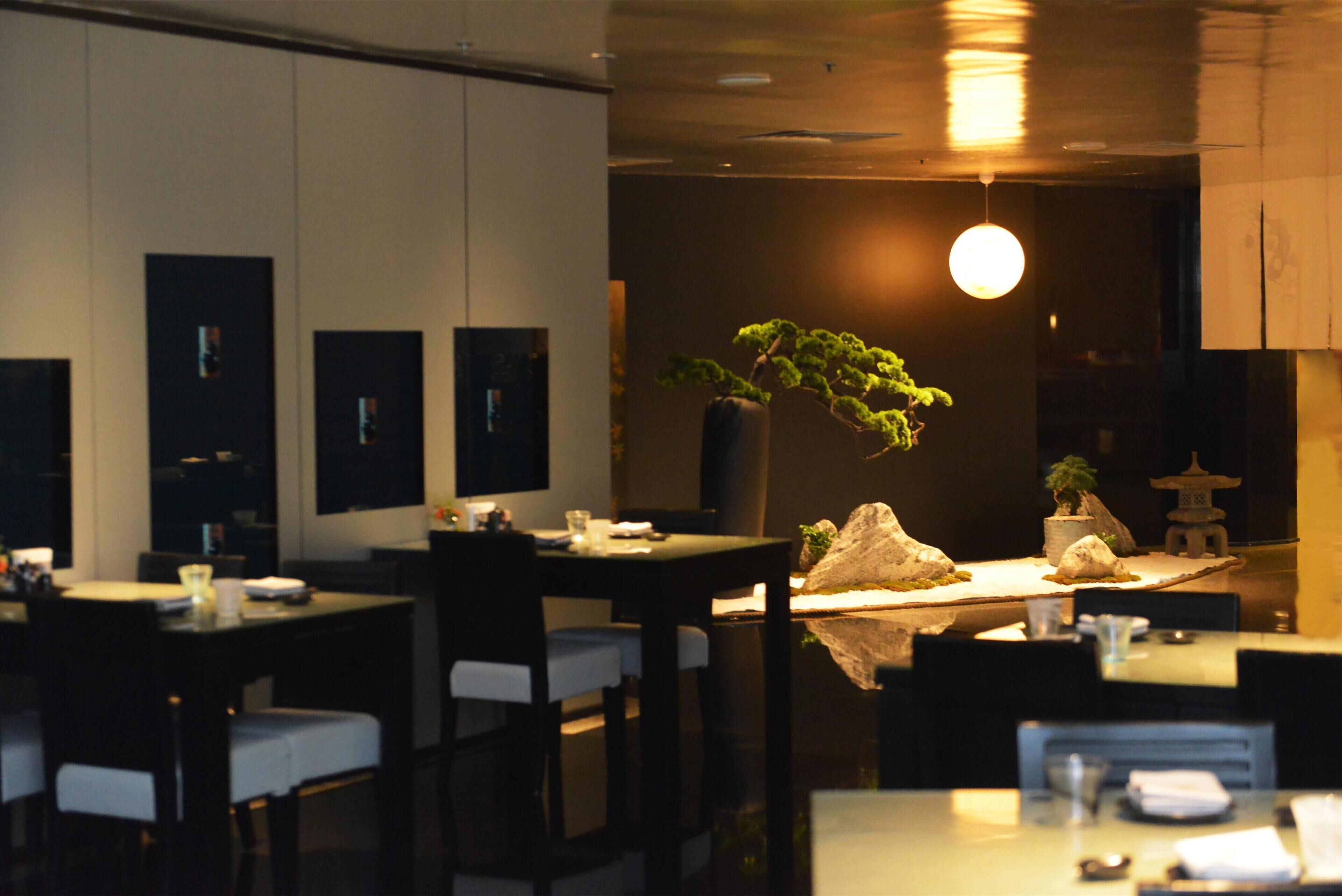 A restaurant interior with tables, chairs, a hanging light fixture, and a bonsai tree.