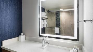 Rainfall showerhead, designer toiletries, hair dryer, towels