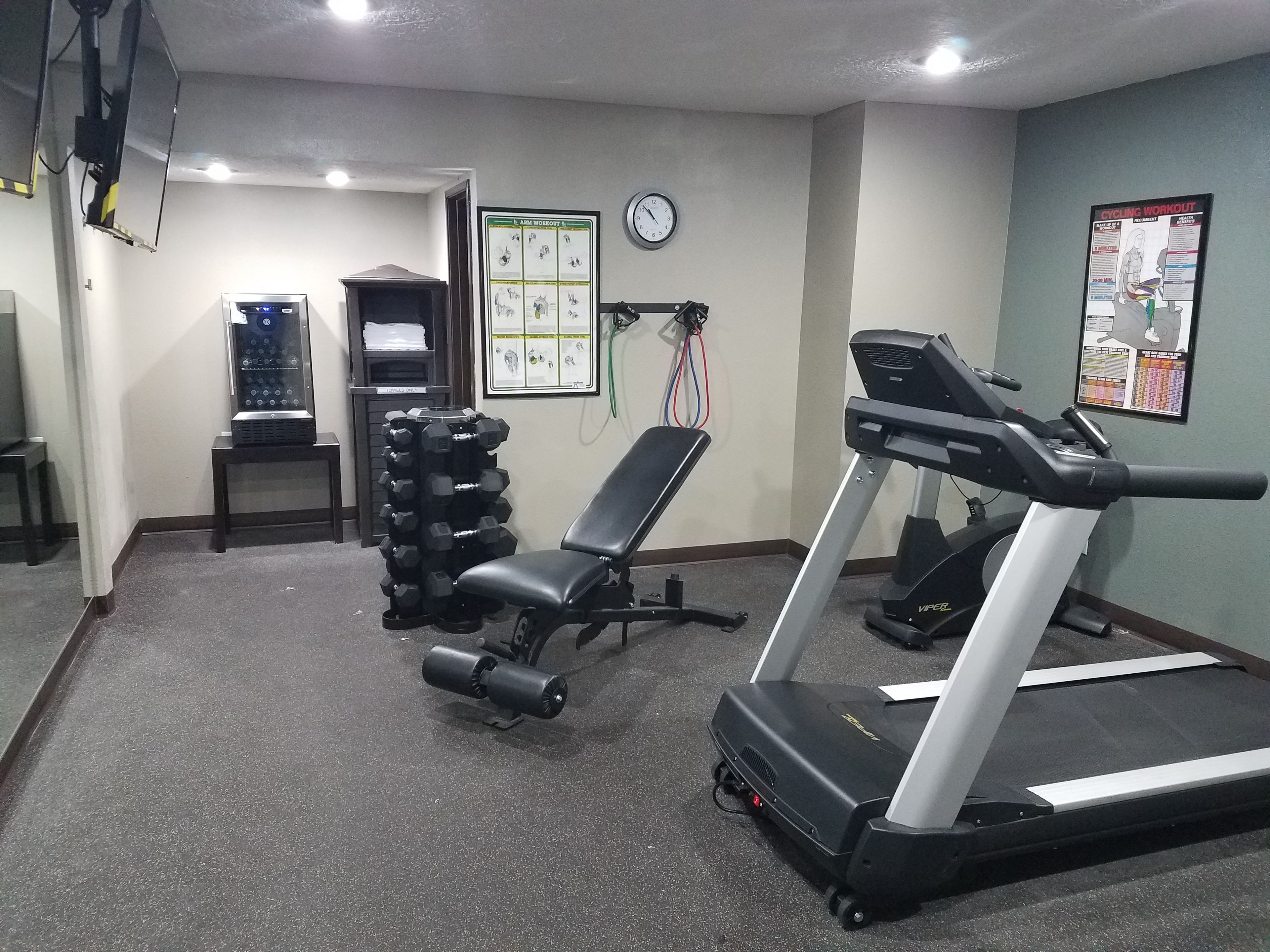 Une salle de sport équipée d’un tapis de course, d’un banc de musculation et d’haltères.