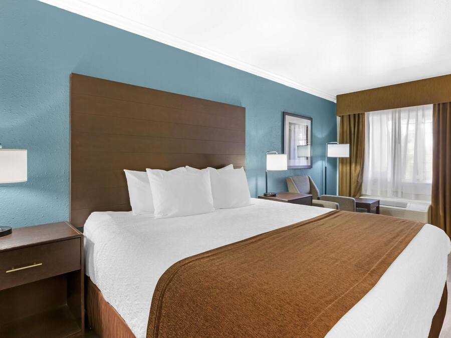 A hotel room with a large bed, a nightstand with a lamp, a desk with a chair, and a window with curtains.