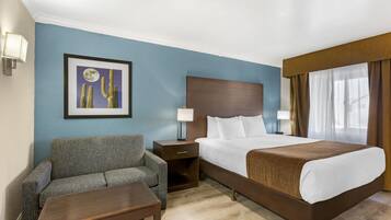 A hotel room with a bed, a sofa, a nightstand with a lamp, and a framed picture on the wall.