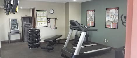 A gym with a treadmill, dumbbells, and a wall-mounted exercise machine.