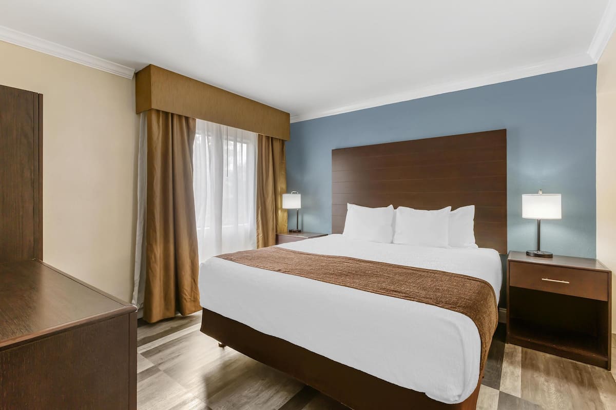 A hotel room with a large bed, two bedside tables with lamps, a wooden headboard, and a view of the city.