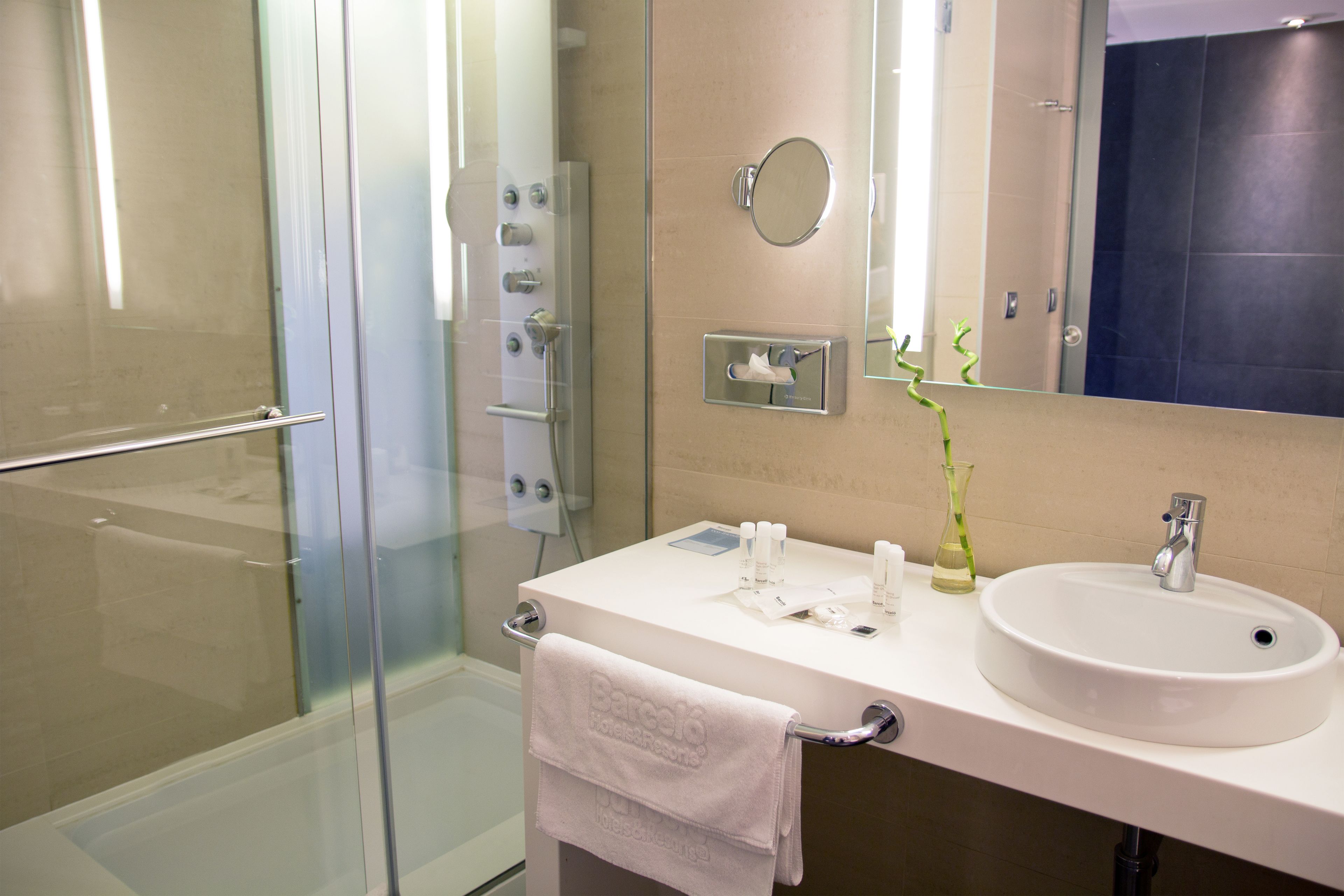 A modern bathroom with a glass shower enclosure, a white sink with a mirror above it, and a towel rack.
