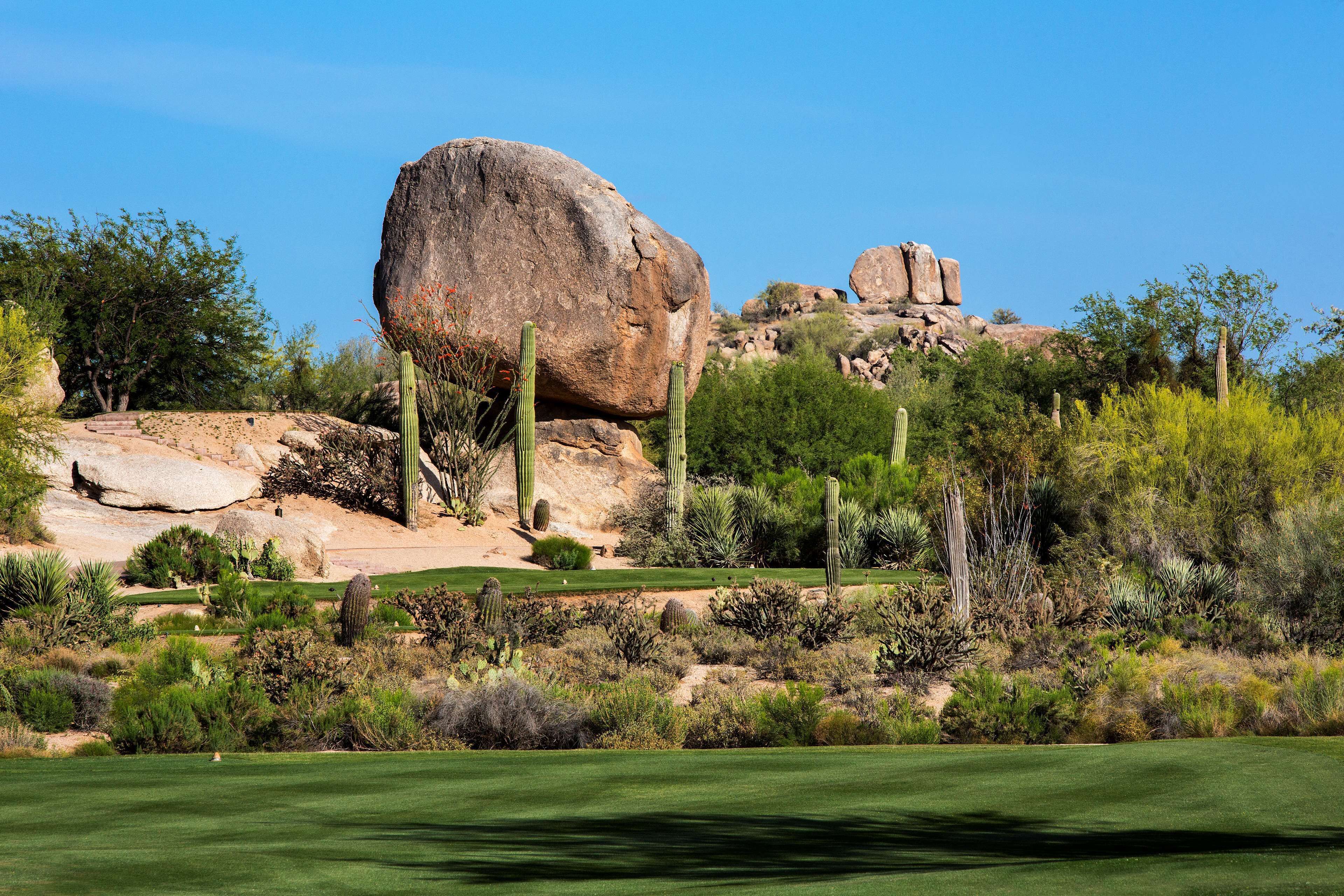 A golf course with a large rock formation, cacti, and sparse vegetation.