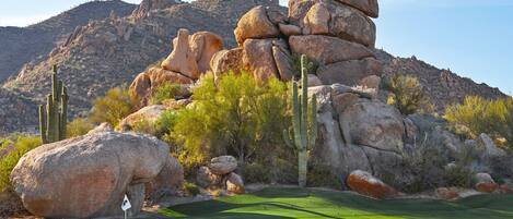Campo de golf con un mástil de bandera, grandes rocas, cactus y montañas al fondo.