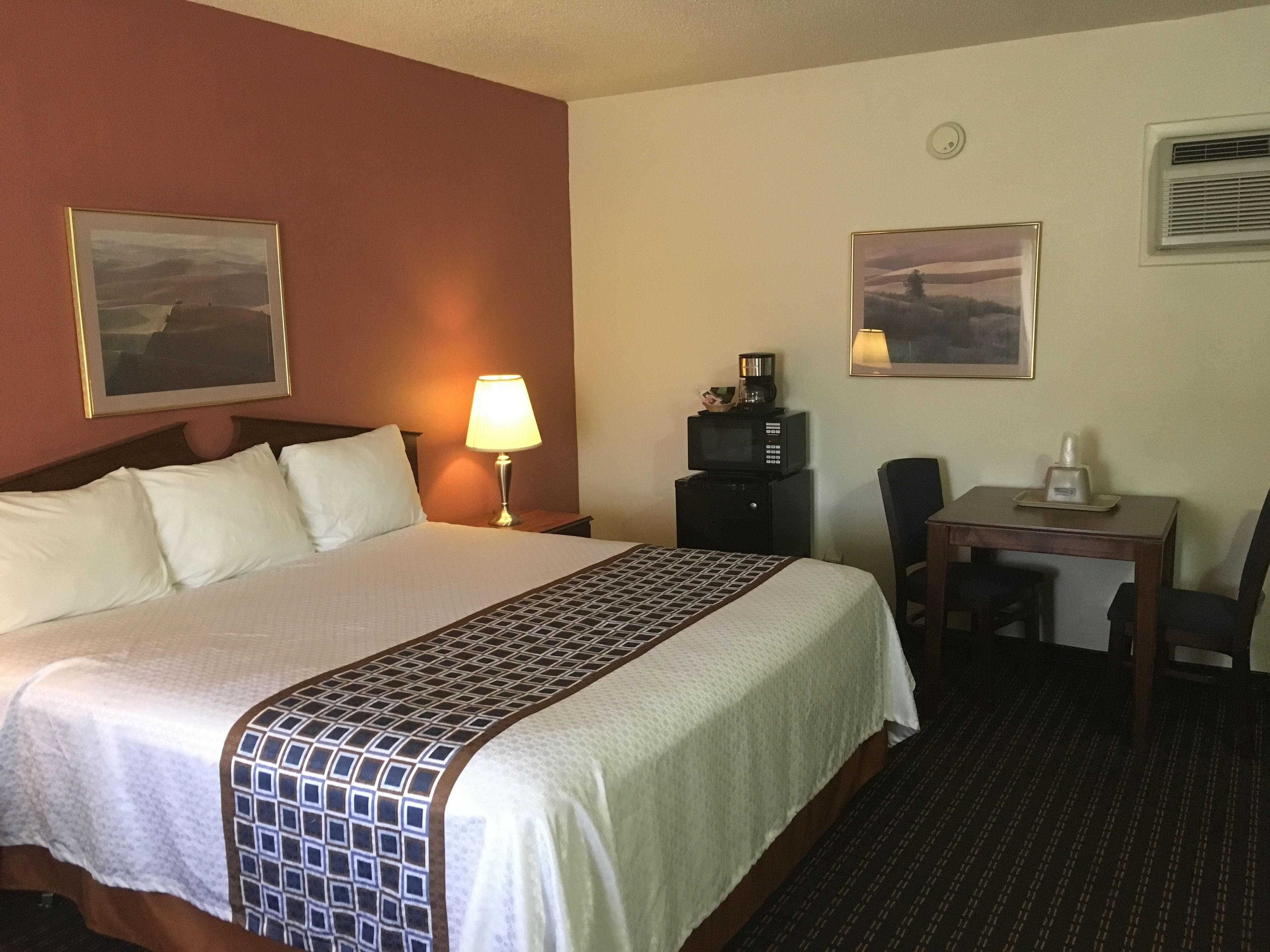 A hotel room with a bed, a desk, a chair, a lamp, a microwave, and two framed pictures on the walls.