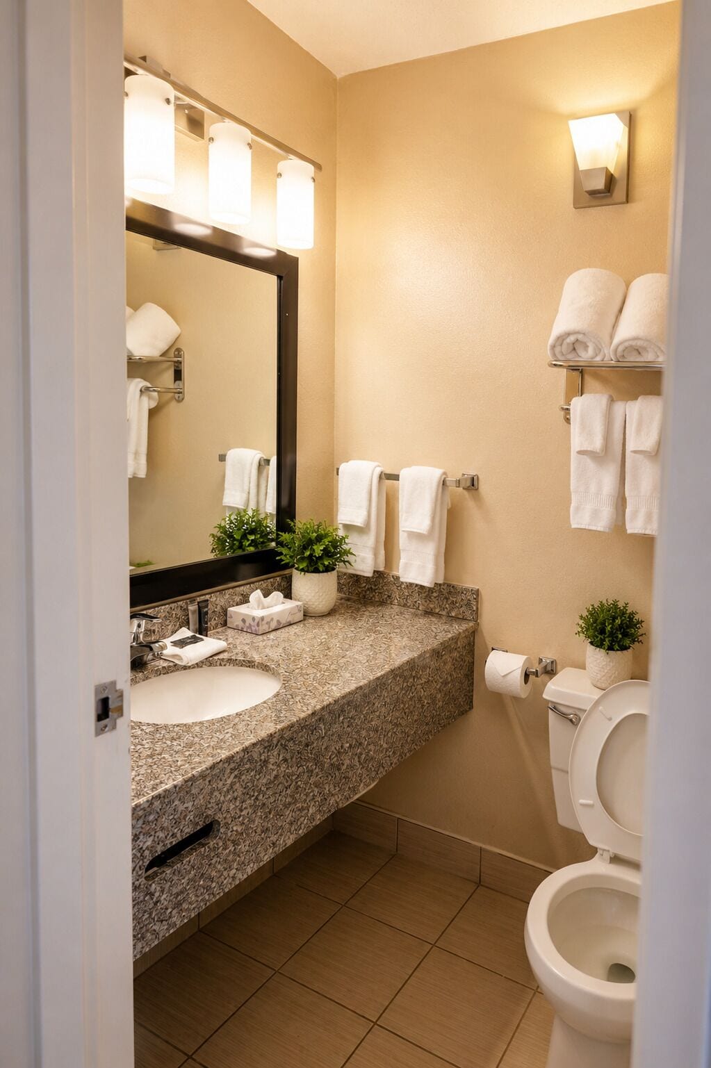 A bathroom with a granite countertop sink, a mirror, a toilet, and a towel rack.