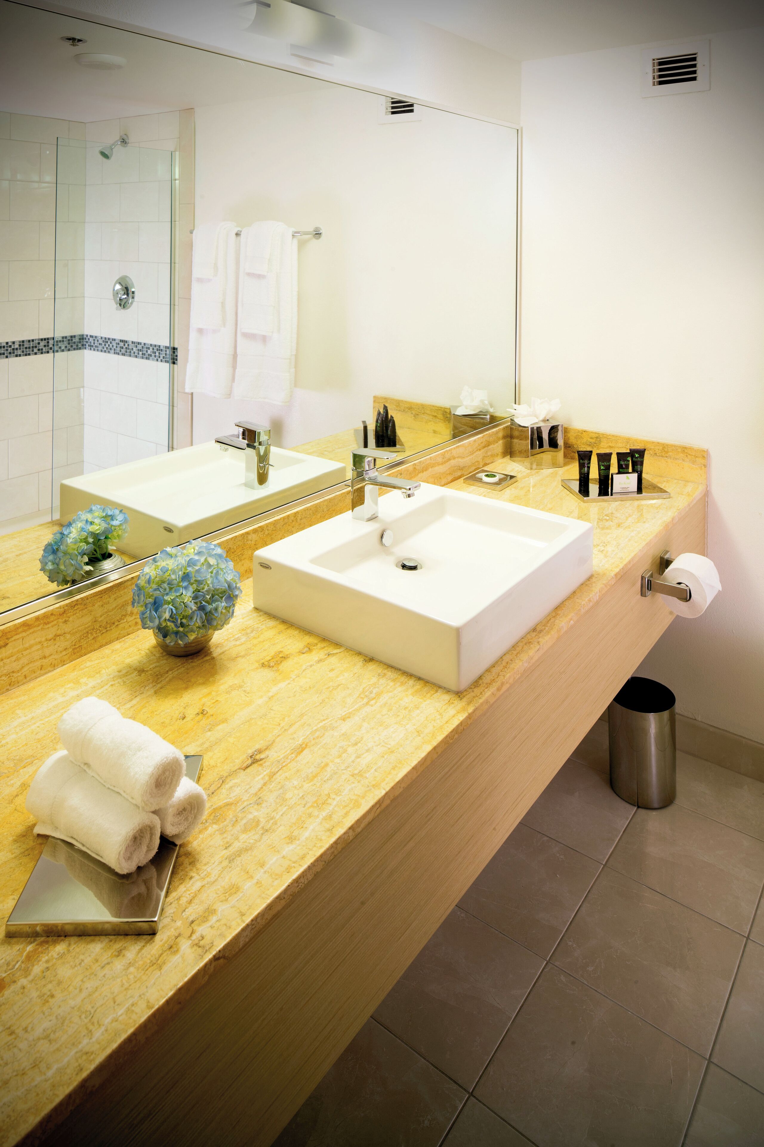 designer toiletries, hair dryer, towels, soap