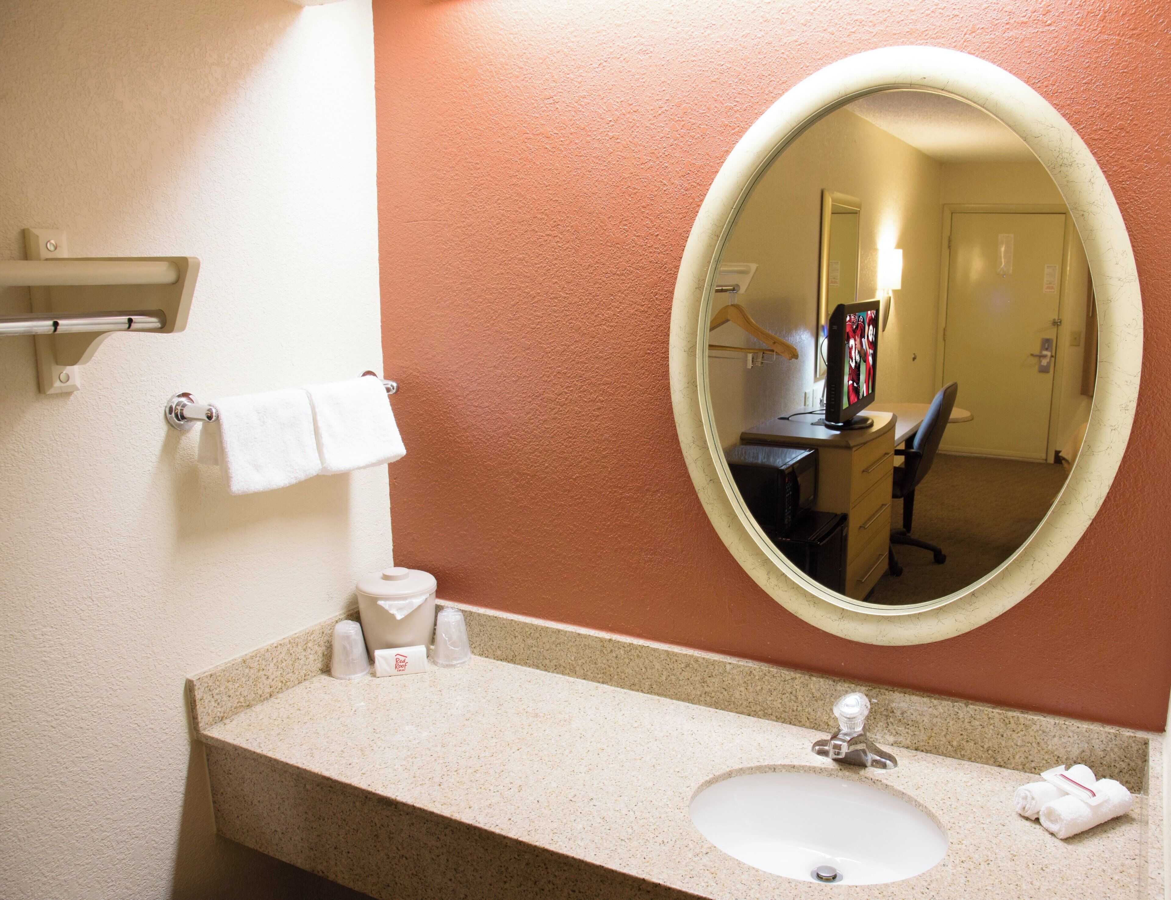 A bathroom with a sink, mirror, towel rack, and a toilet paper dispenser.