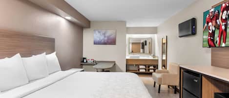 Desk, blackout drapes, soundproofing, iron/ironing board