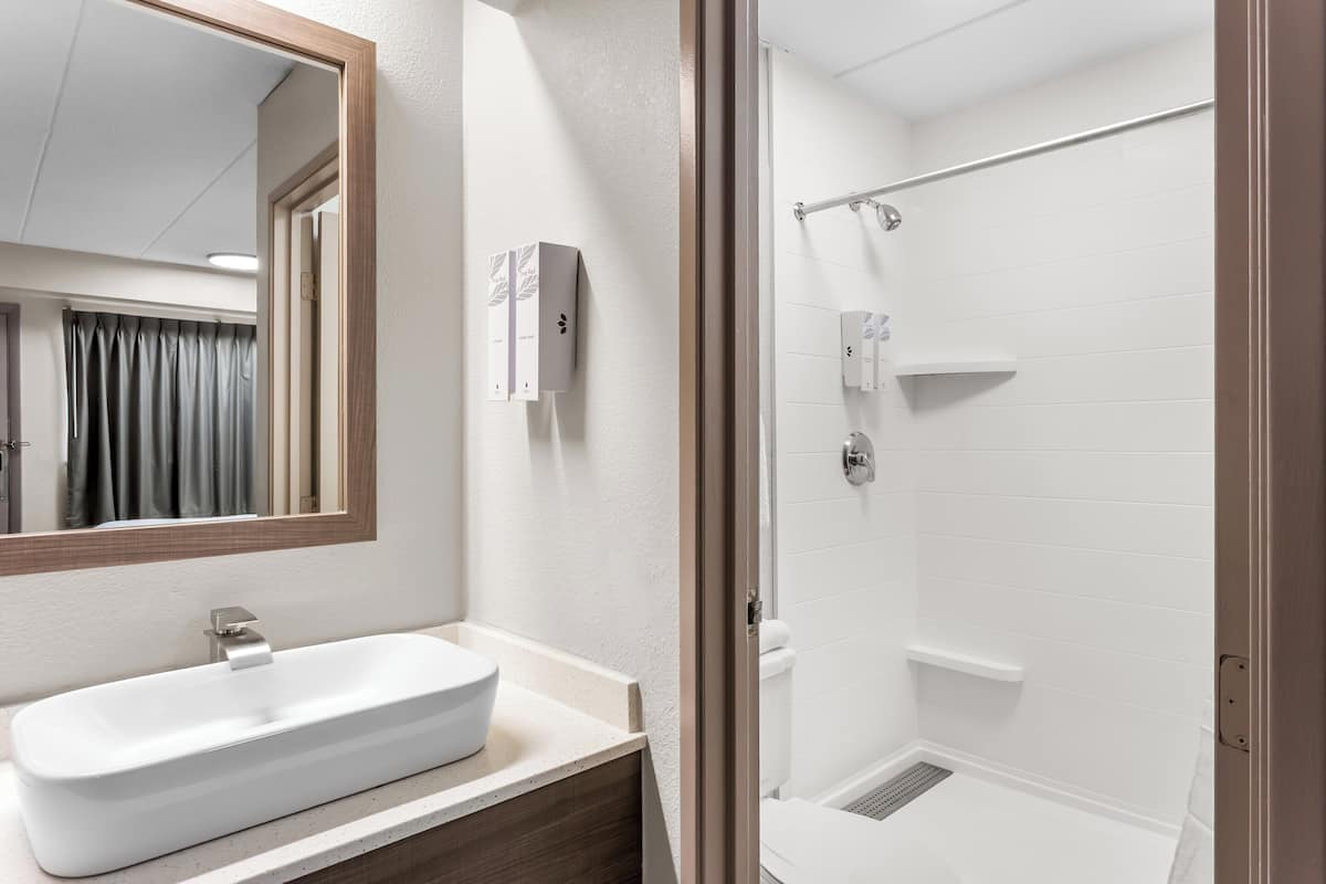 Combined shower/tub, hair dryer, towels