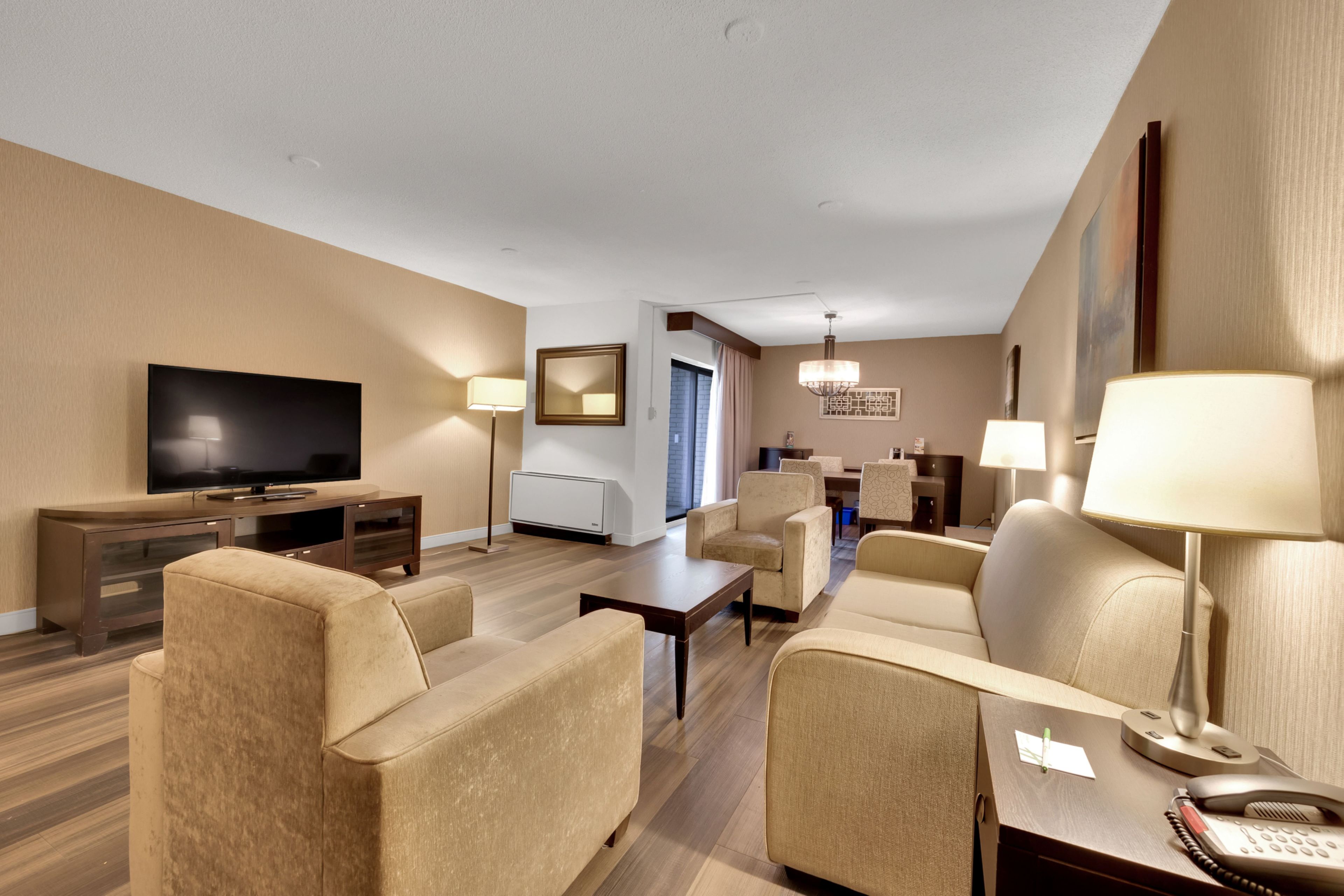 Habitación de hotel con televisor, sofá, sillón, escritorio, lámpara y un cuadro en la pared.