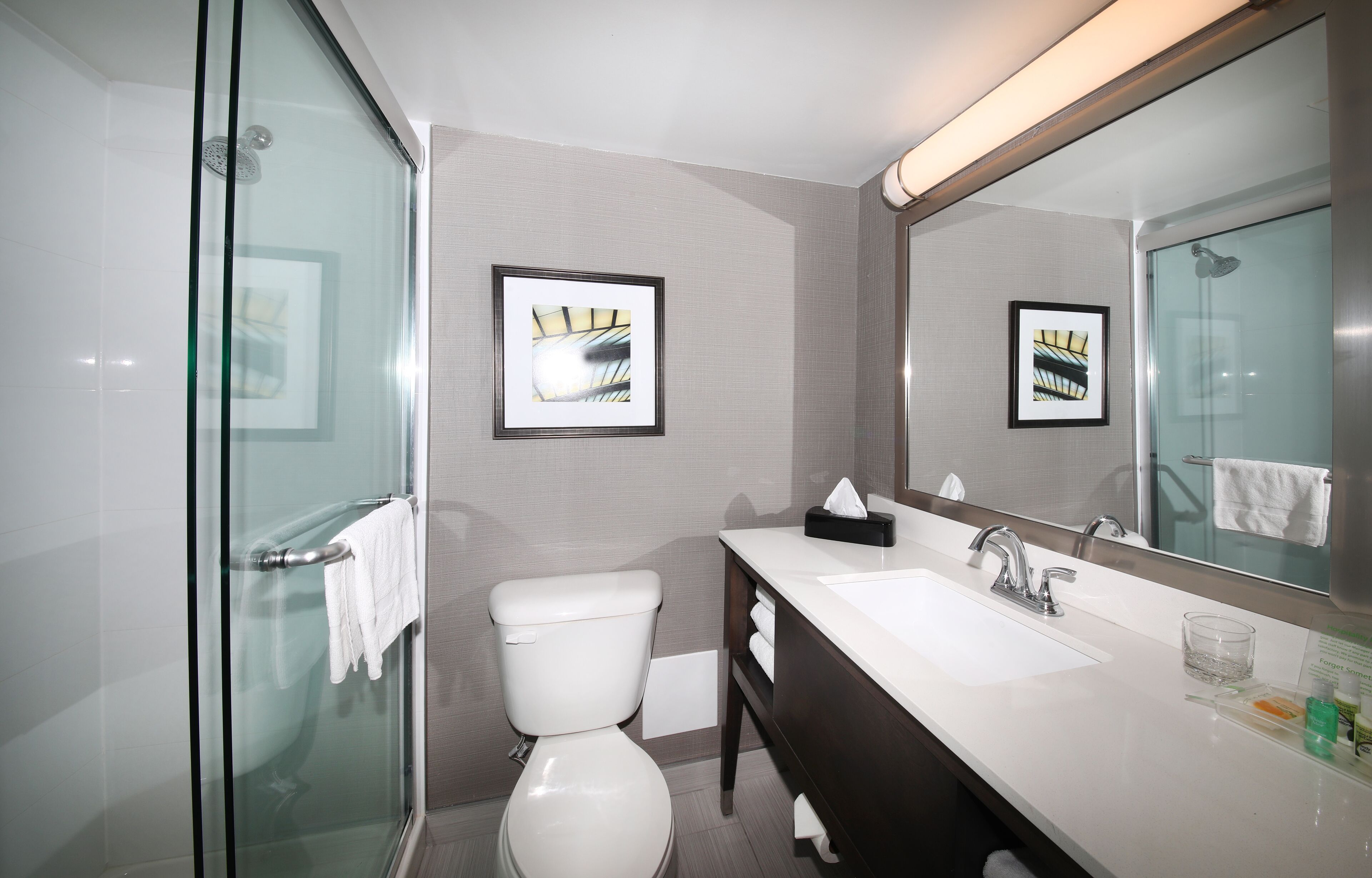 A modern bathroom with a glass shower enclosure, a white toilet, a large mirror, and a white sink with a dark vanity.