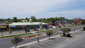 A commercial area with a Holiday Inn Express, a pet store, and a restaurant.