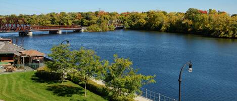 A riverside view with a bridge, greenery, and a building with a lawn and outdoor seating.