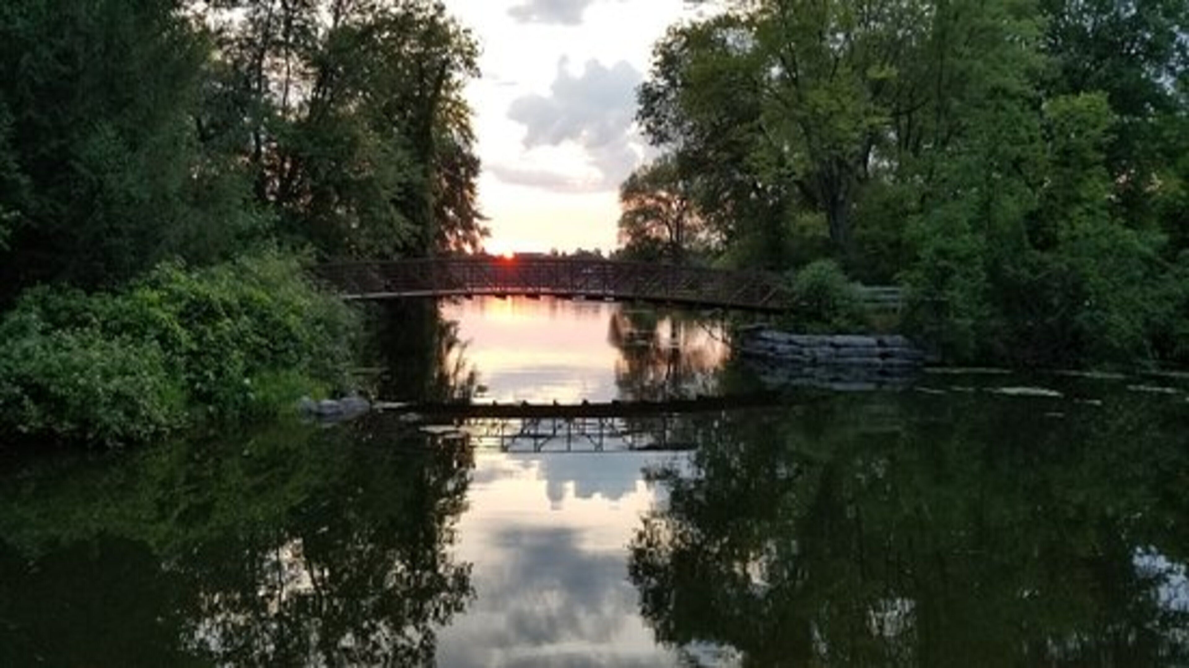 A calm river with a bridge and dense greenery on both sides.