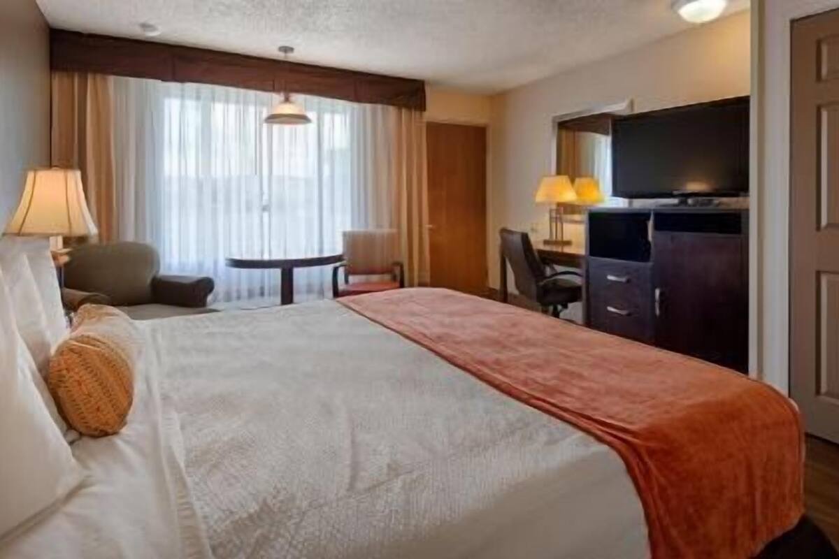 Quarto de hotel com cama, escrivaninha, cadeira, televisão e armário.