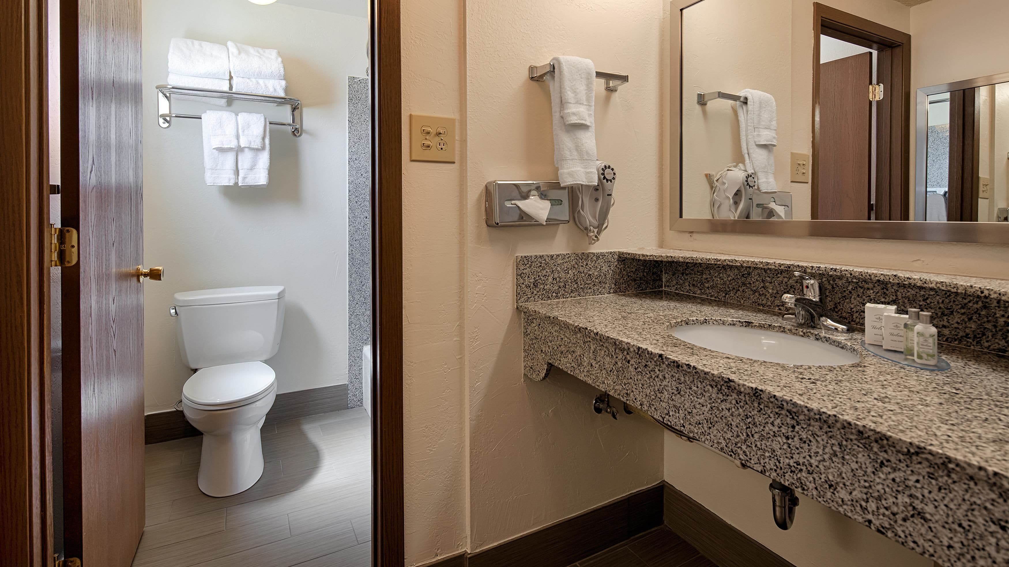 free toiletries, hair dryer, towels