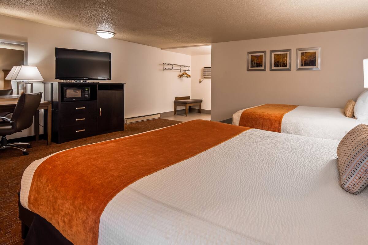 Quarto de hotel com duas camas, uma escrivaninha com cadeira, televisão e micro-ondas.