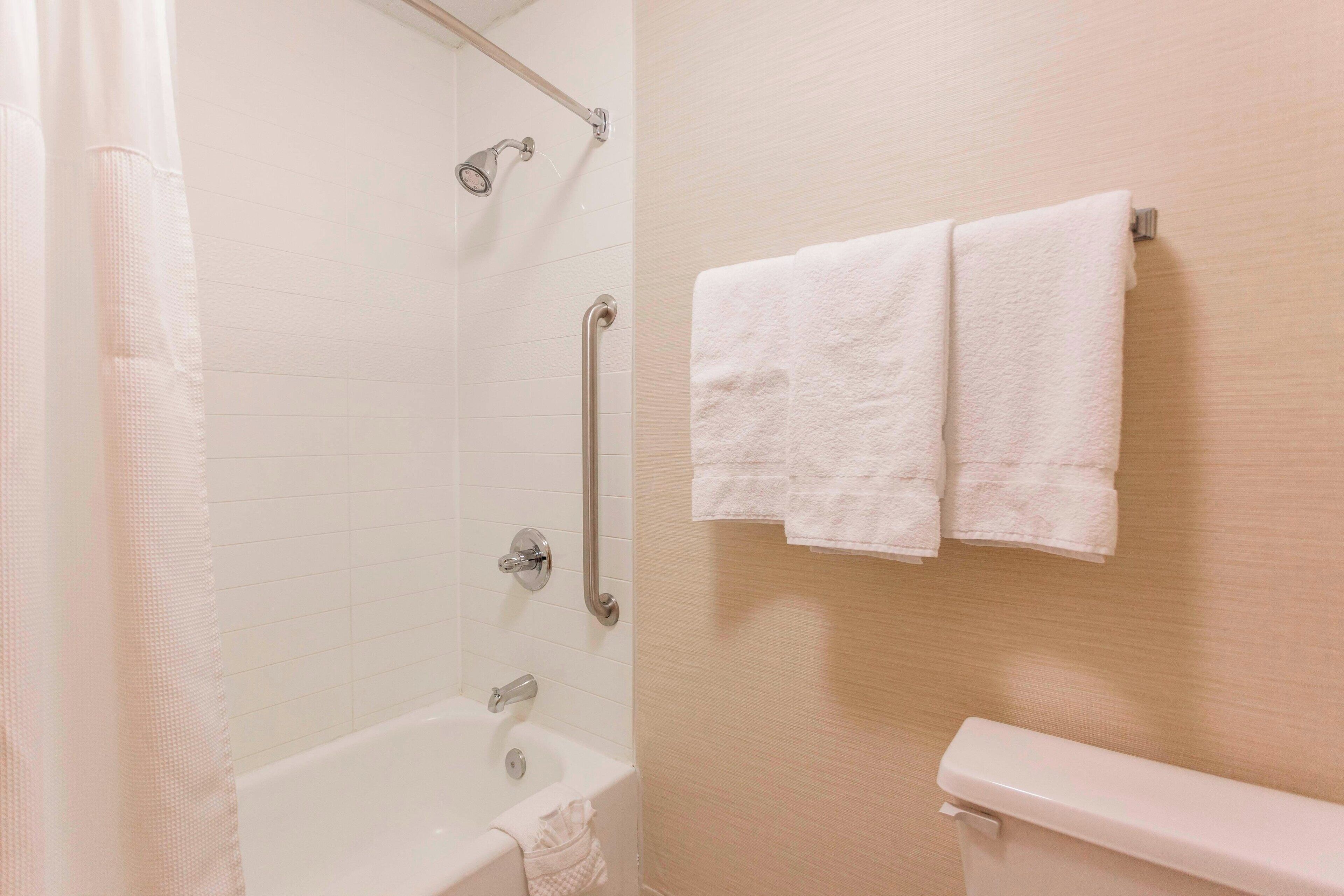 combined shower/bathtub, free toiletries, hair dryer, towels