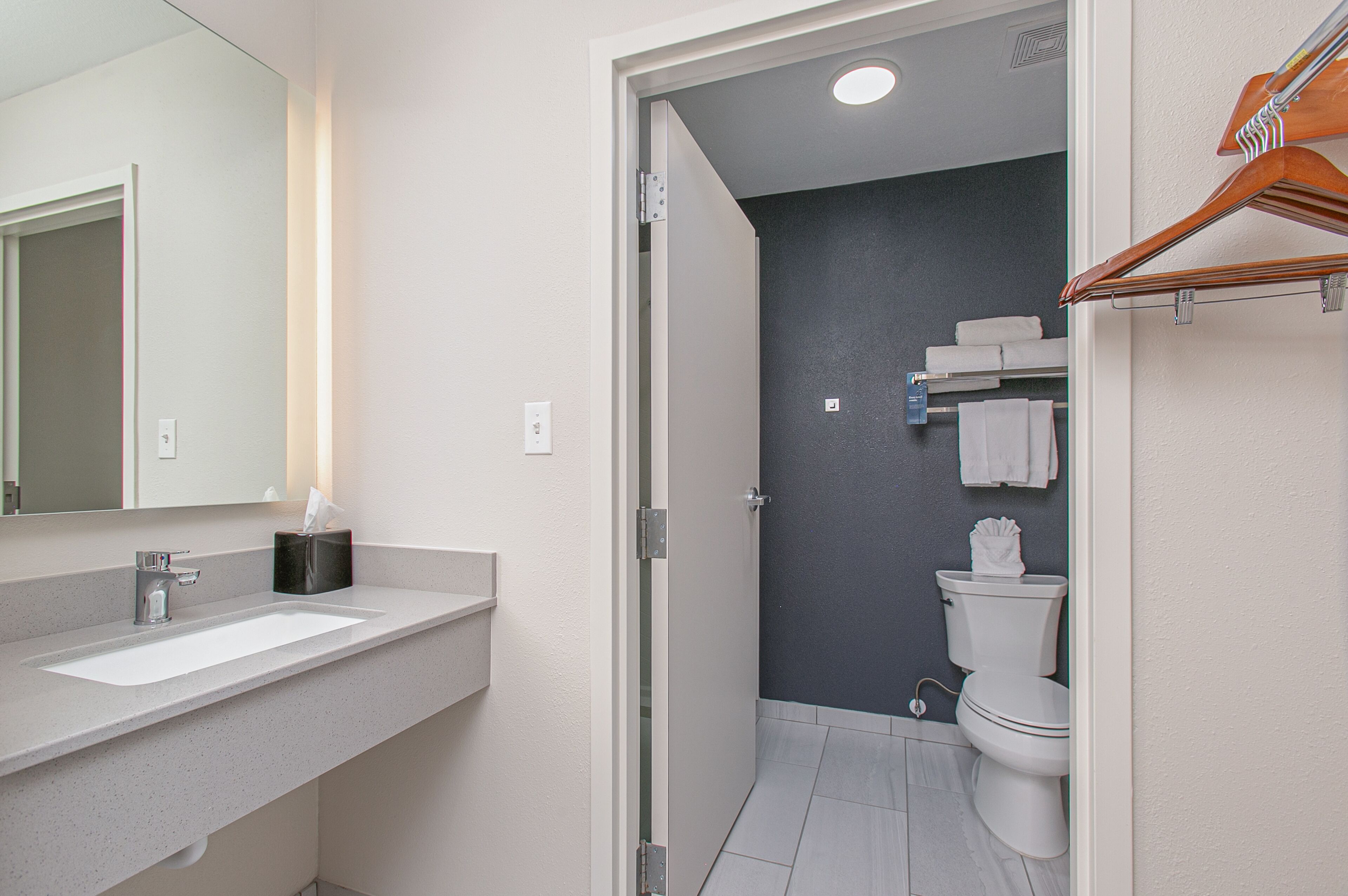 combined shower/bathtub, free toiletries, hair dryer, towels