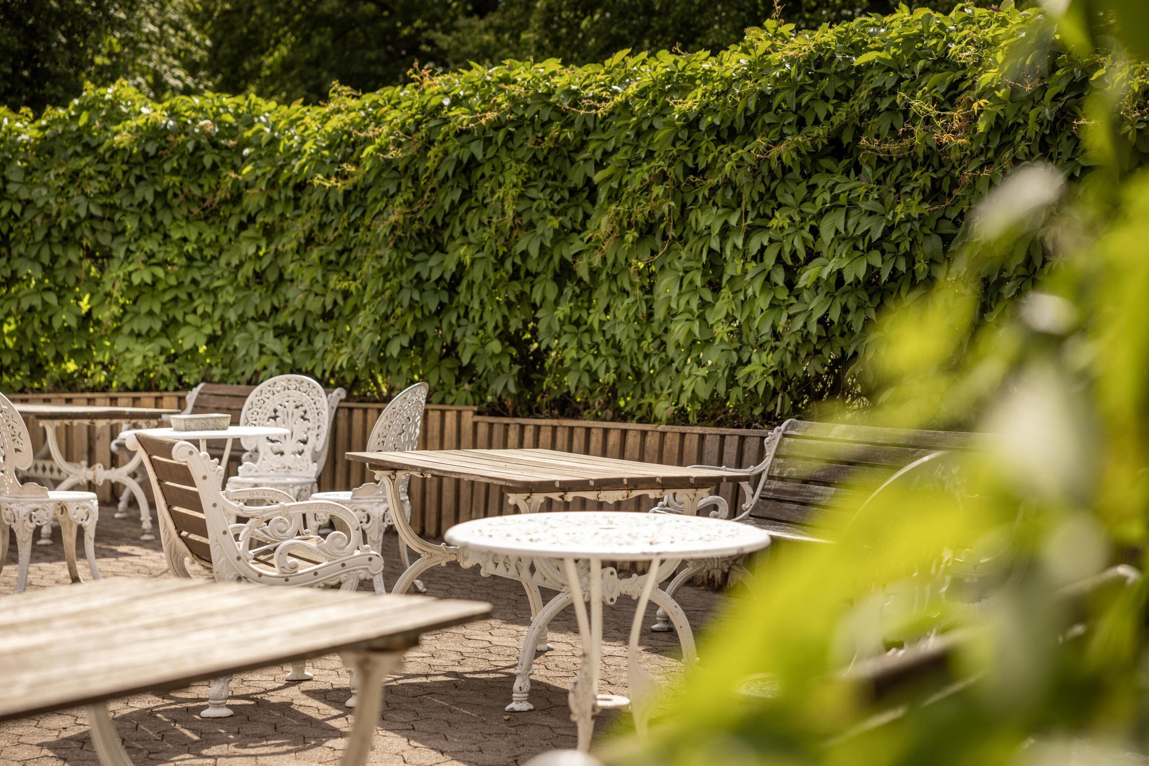 An outdoor seating area with tables and chairs, surrounded by a hedge.