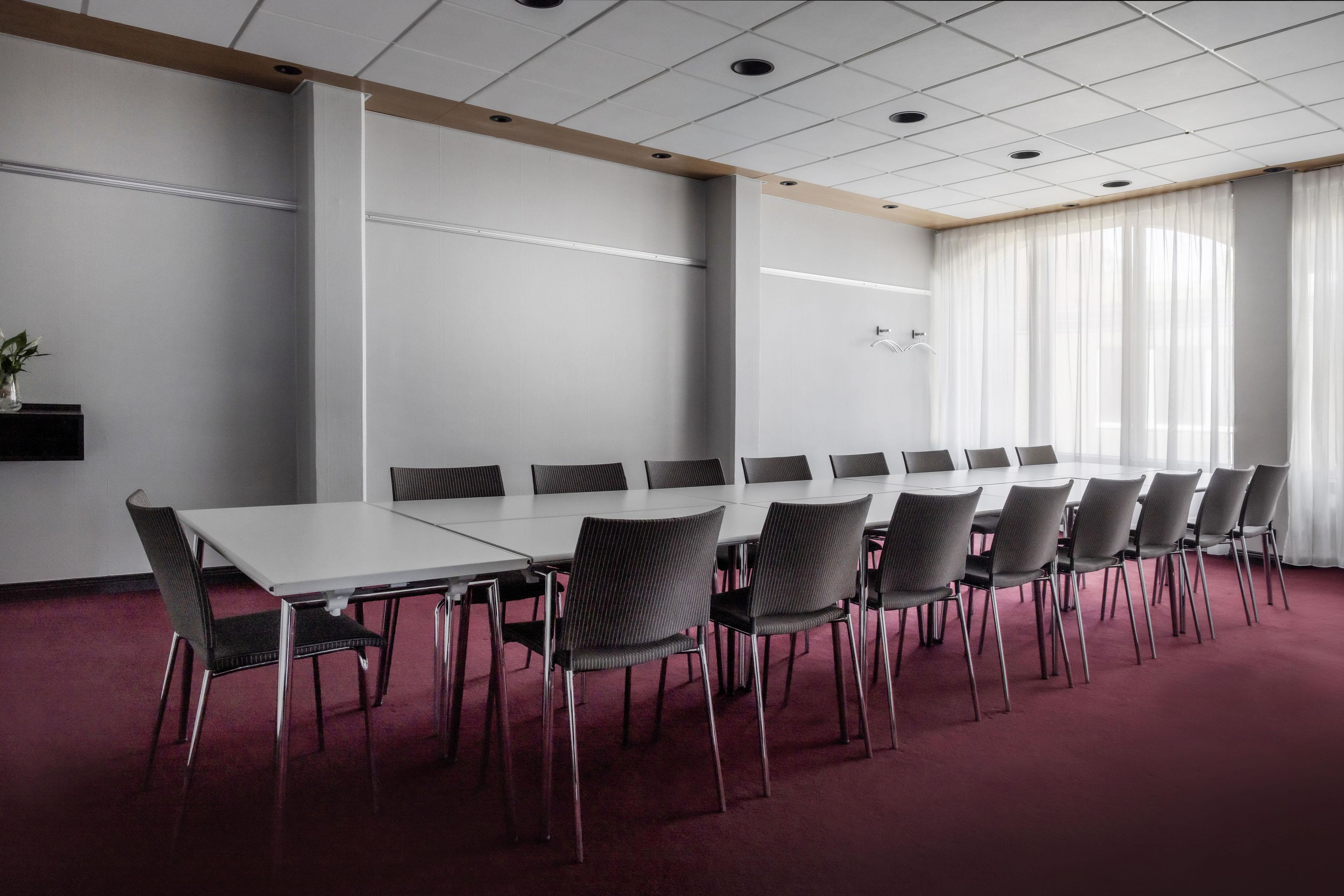 A conference room with a long table and chairs, white walls, and a red carpet.