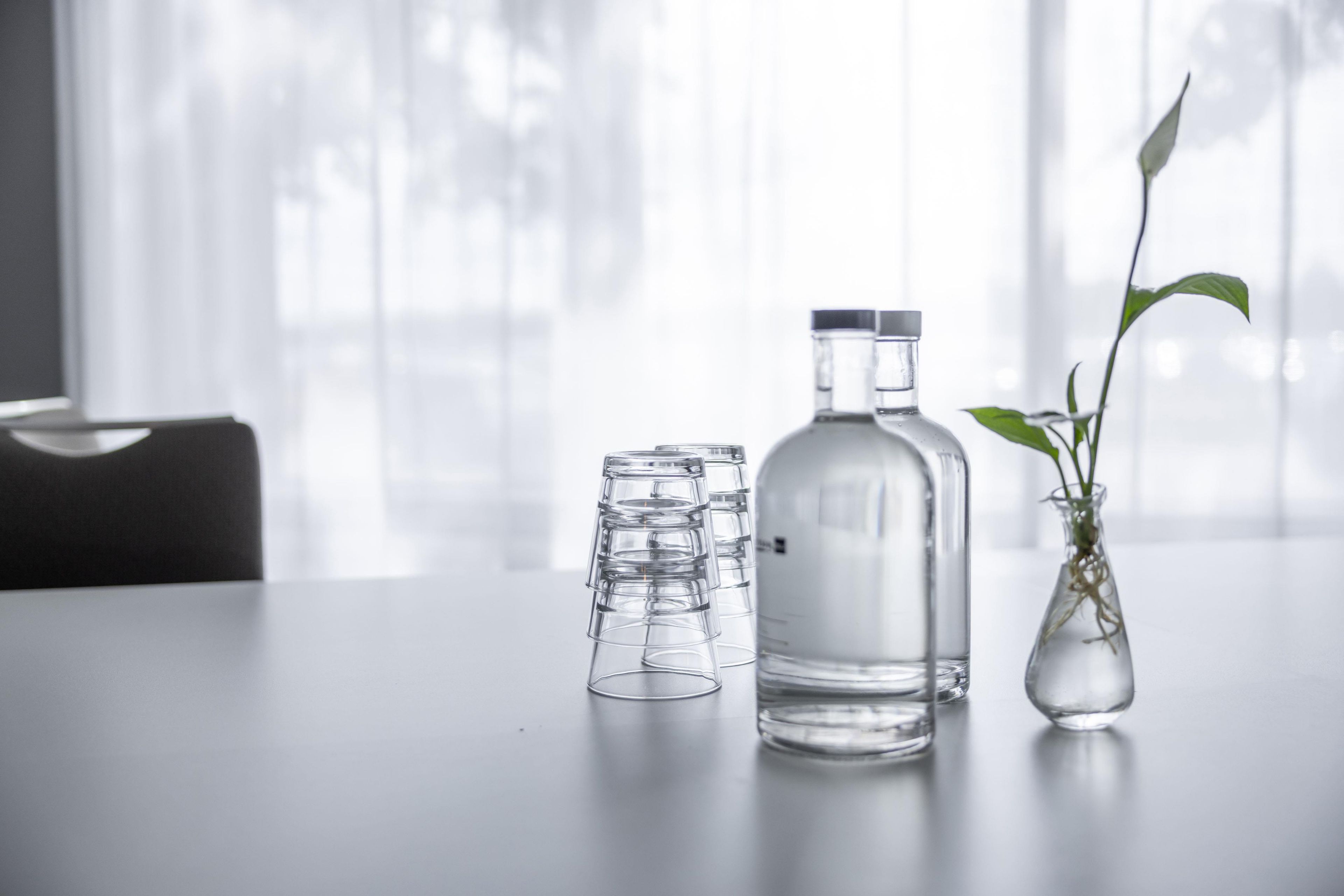A table with a clear bottle, a set of glasses, and a vase with a plant.