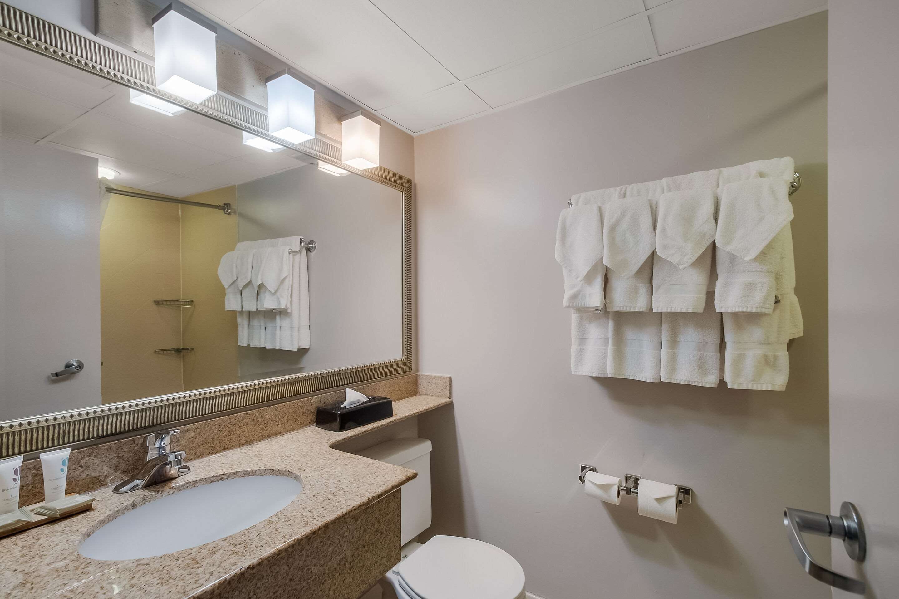 Un baño con lavamanos, espejo, toallero, inodoro y dispensador de toallas.