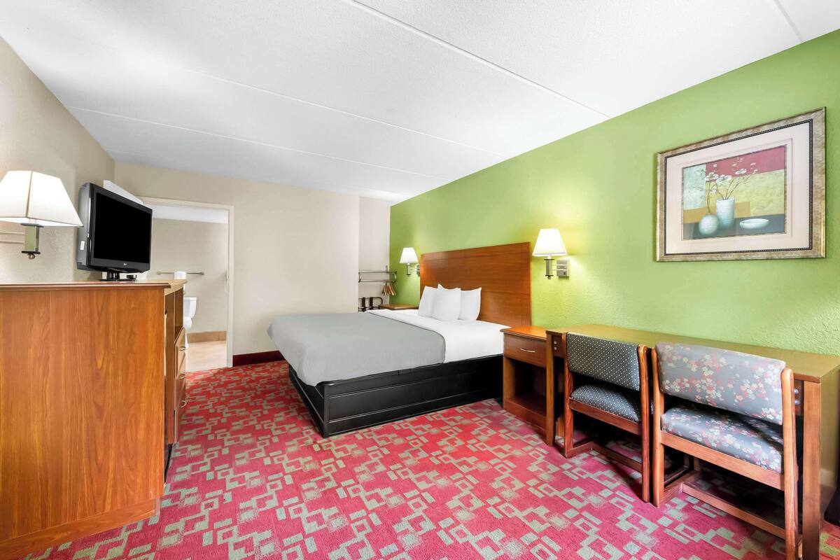 Een hotelkamer met een bed, een bureau met stoel, een televisietoestel en een schilderij aan de muur.