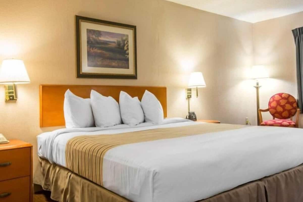 A hotel room with a bed, two bedside lamps, a nightstand, a chair, and a framed picture on the wall.