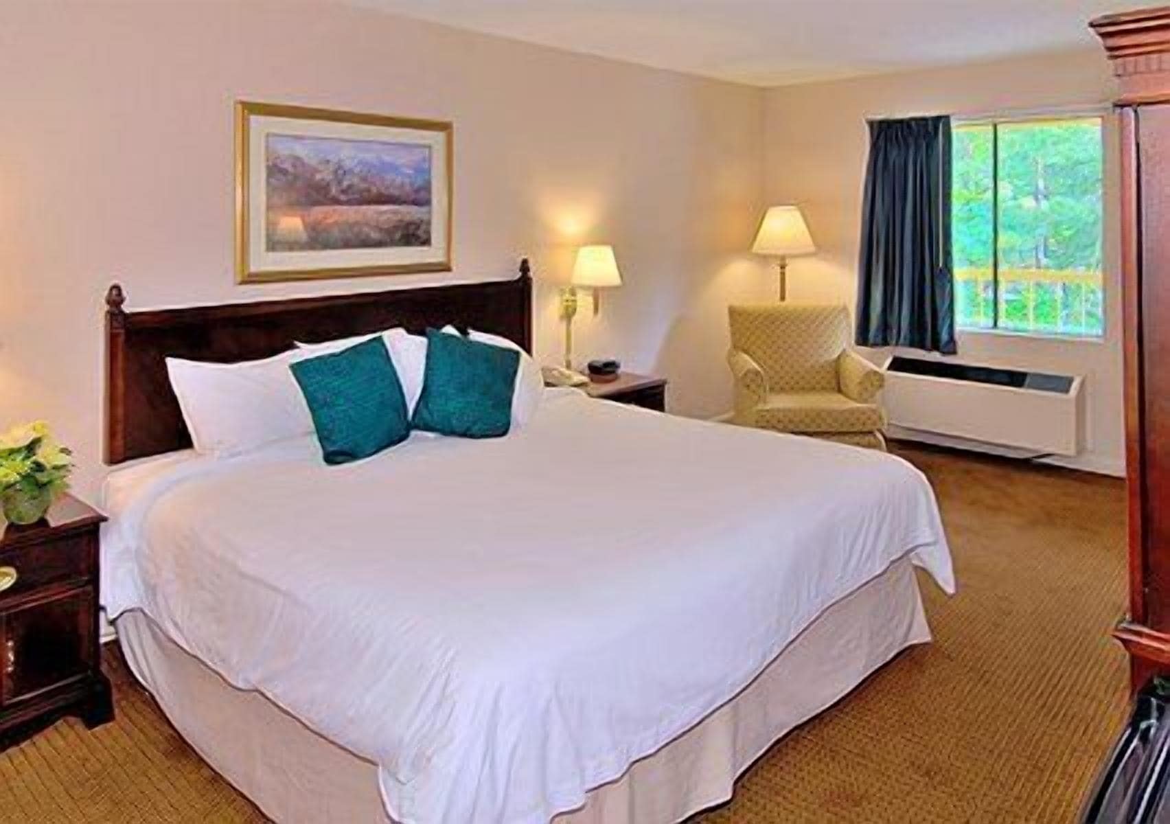 Une chambre d’hôtel avec un grand lit, deux tables de chevet, une chaise, une fenêtre avec des rideaux et un tableau au mur.