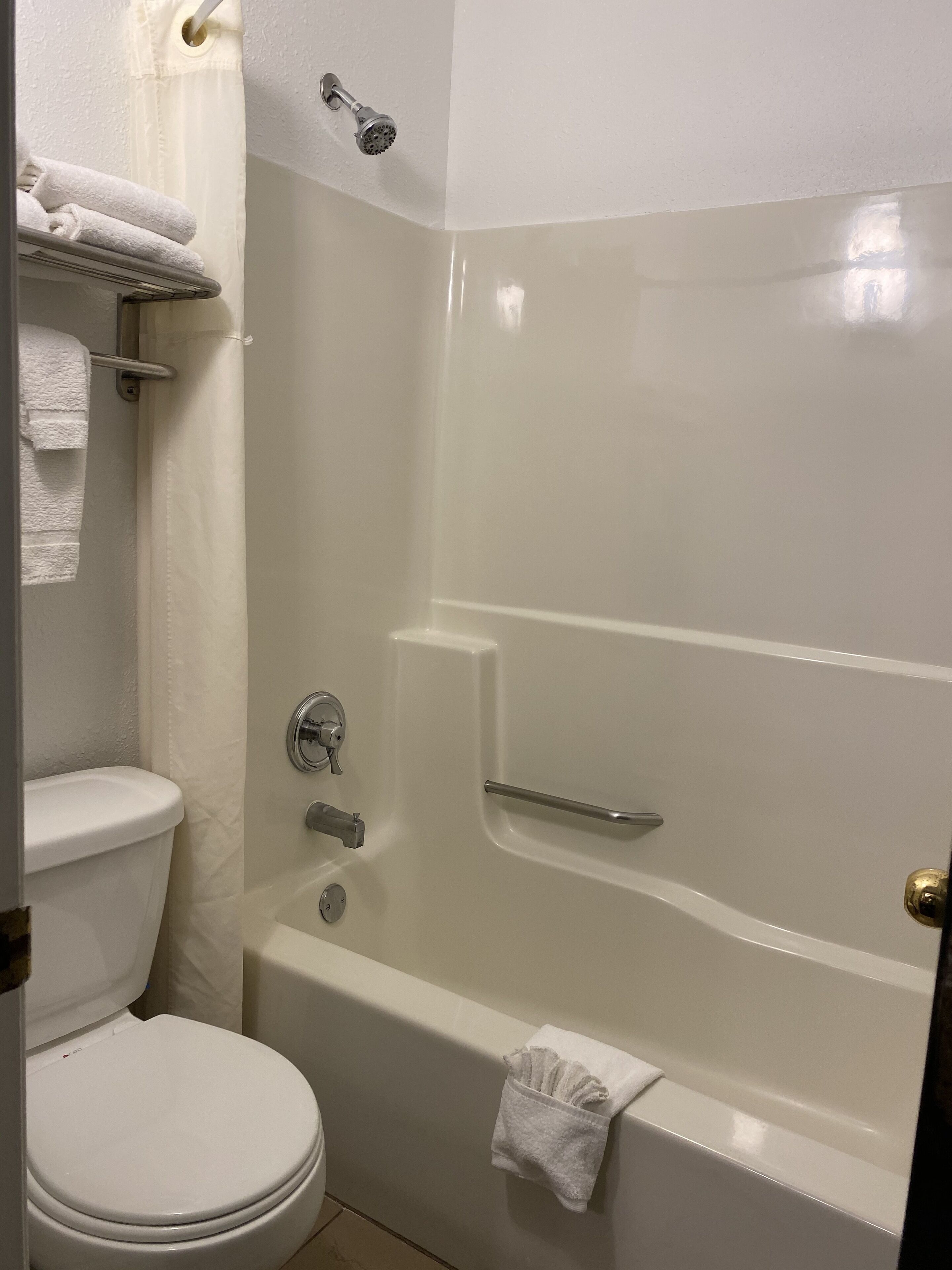 A bathroom with a toilet, a bathtub, and a shower.