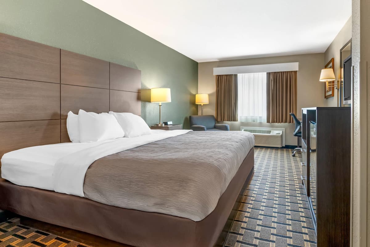 A hotel room with a large bed, two bedside lamps, a desk with a chair, a TV, and a window with curtains.