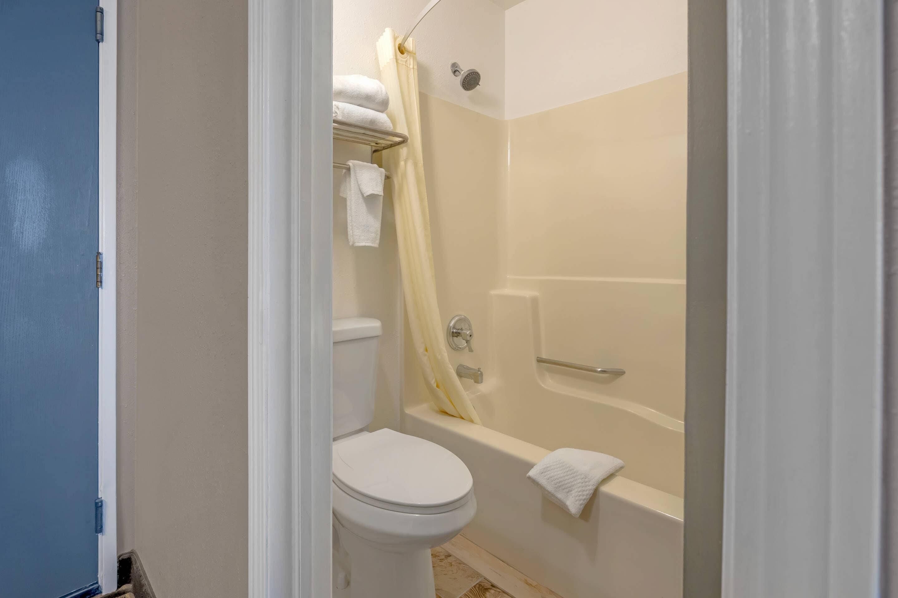 A bathroom with a toilet, a bathtub, and a shower curtain.