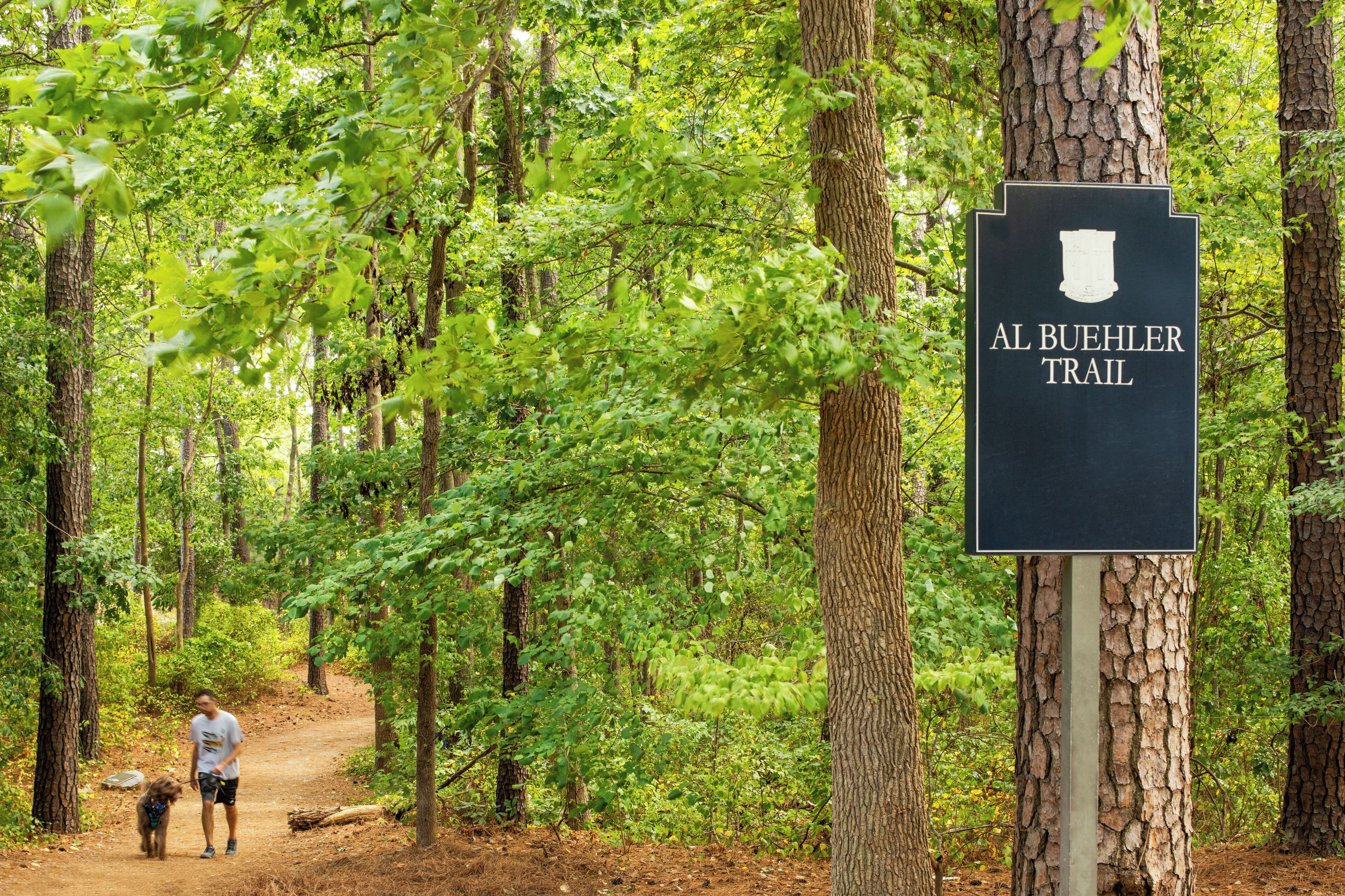 A sign for the Al Buehler Trail in a forested area.