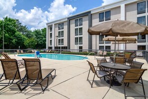 Seasonal outdoor pool, pool loungers