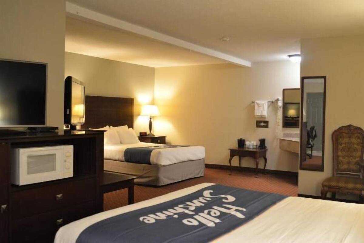A hotel room with a bed, two bedside tables, a TV, a microwave, a chair, and a mirror.