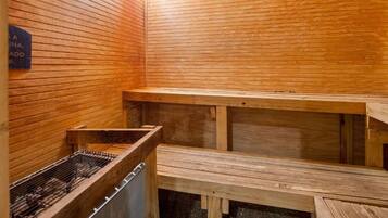A sauna with wooden benches and a visible heating element.