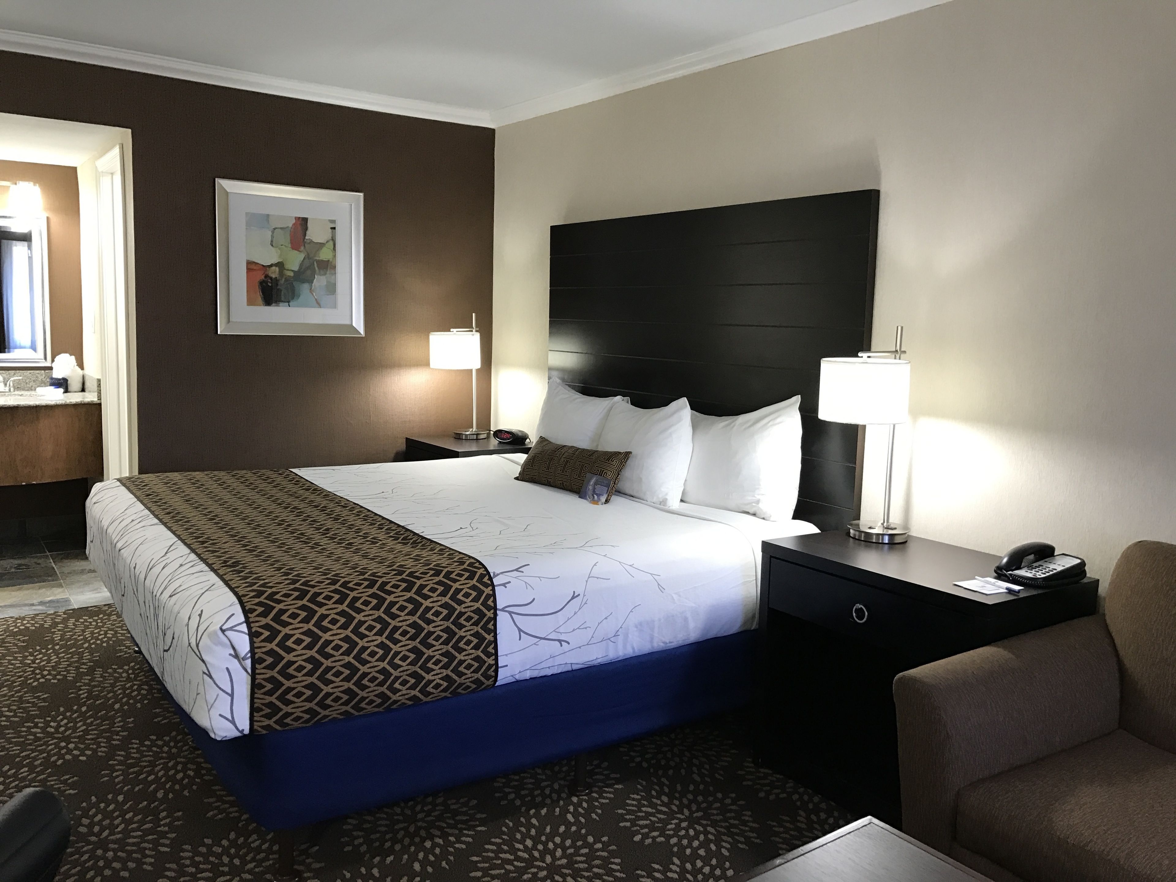 A hotel room with a large bed, a nightstand with a lamp, a chair, and a framed picture on the wall.