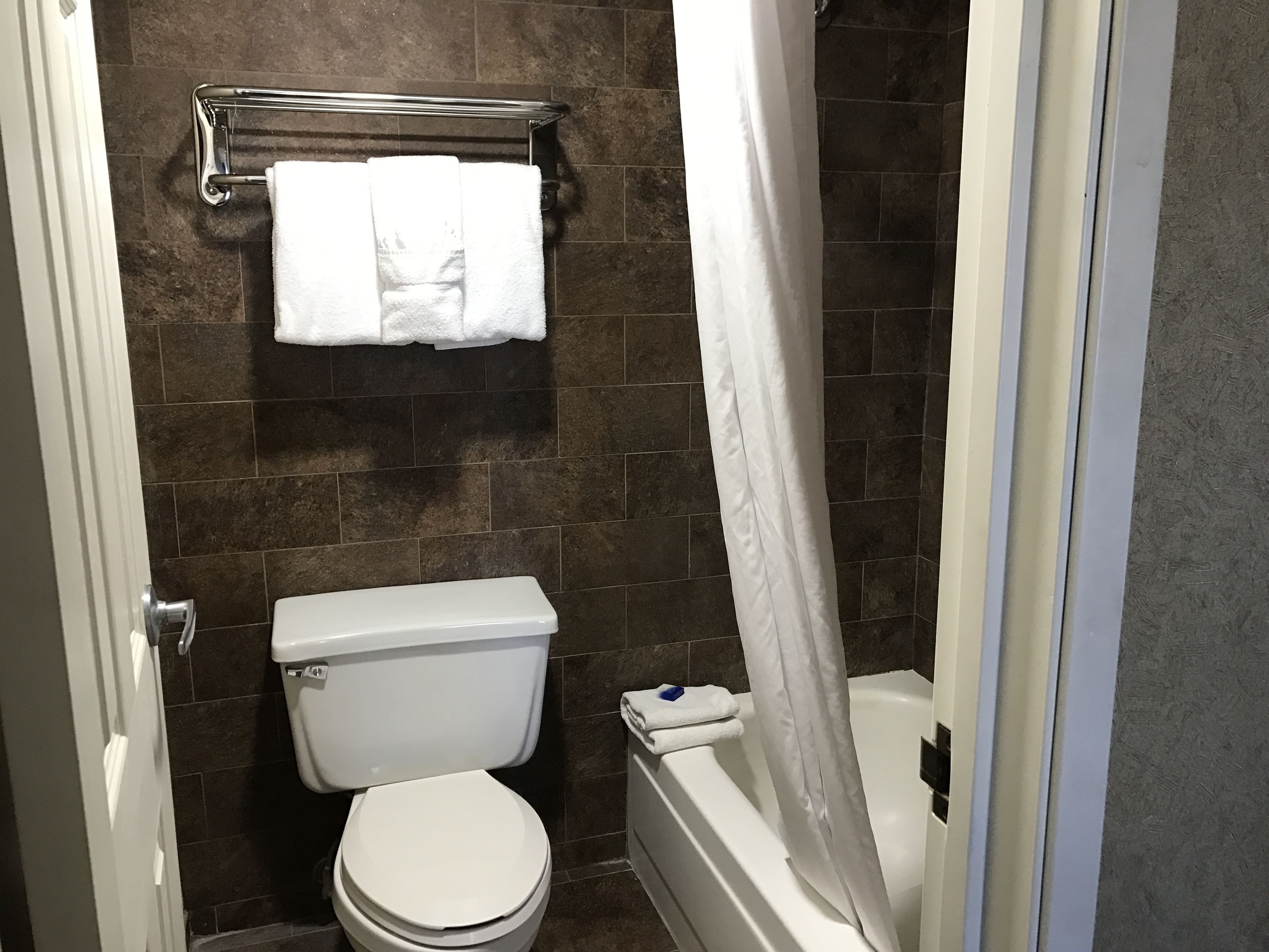 Een badkamer met toilet, bad en douchegordijn.