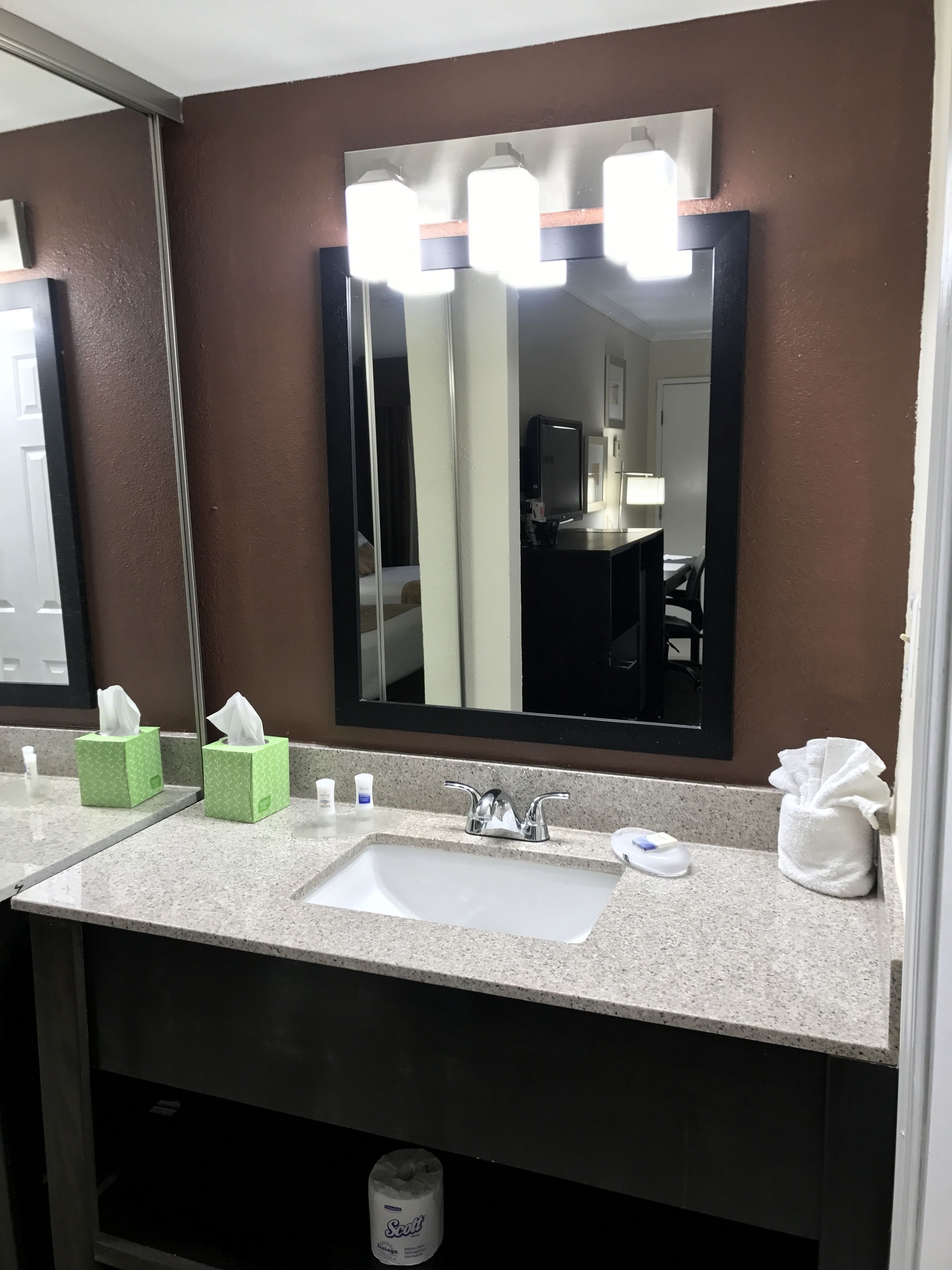Un baño de hotel con un espejo grande, un lavabo y artículos de aseo.