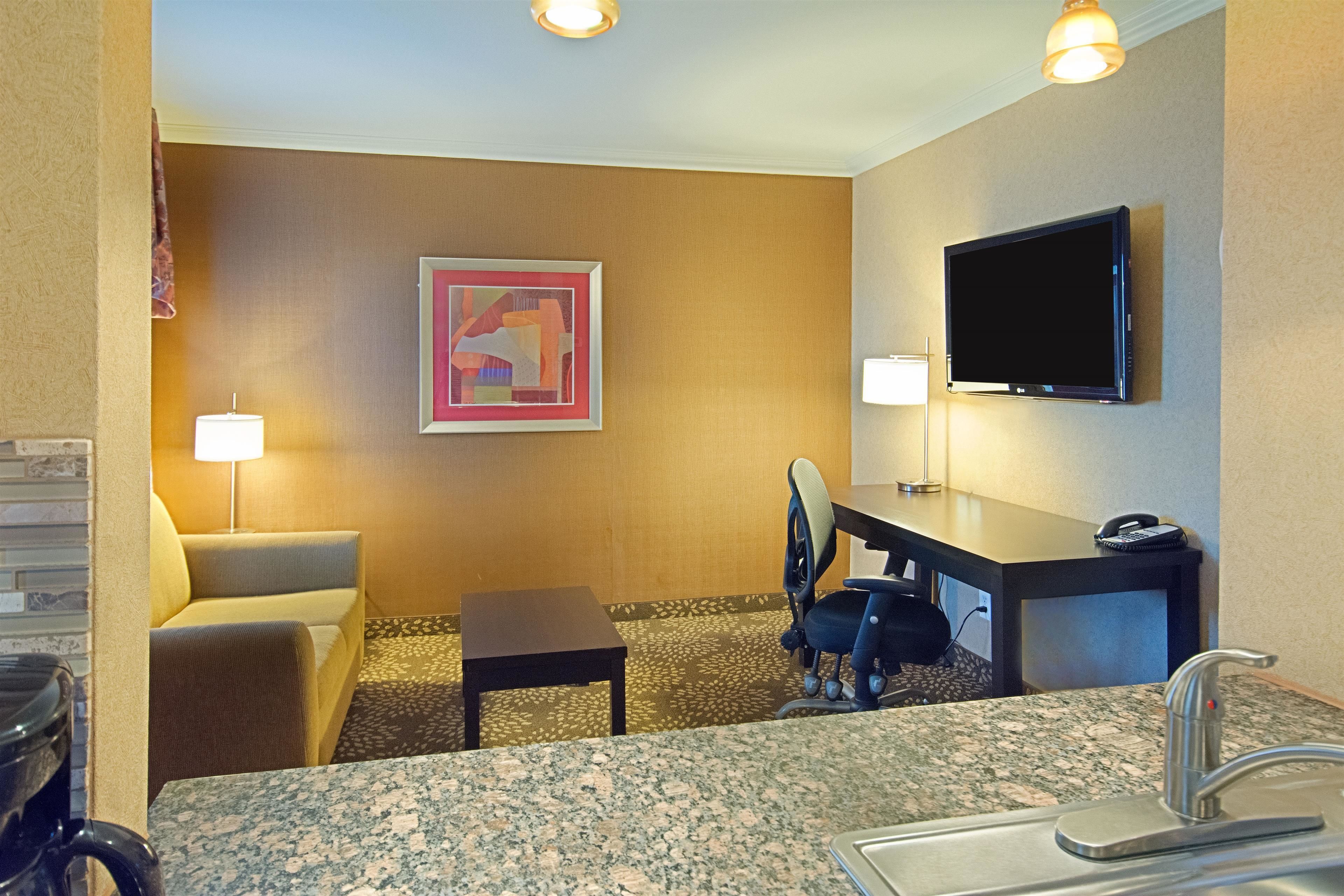 Una camera d'albergo con angolo cottura, una scrivania, una sedia, un divano, una TV e un quadro appeso al muro.