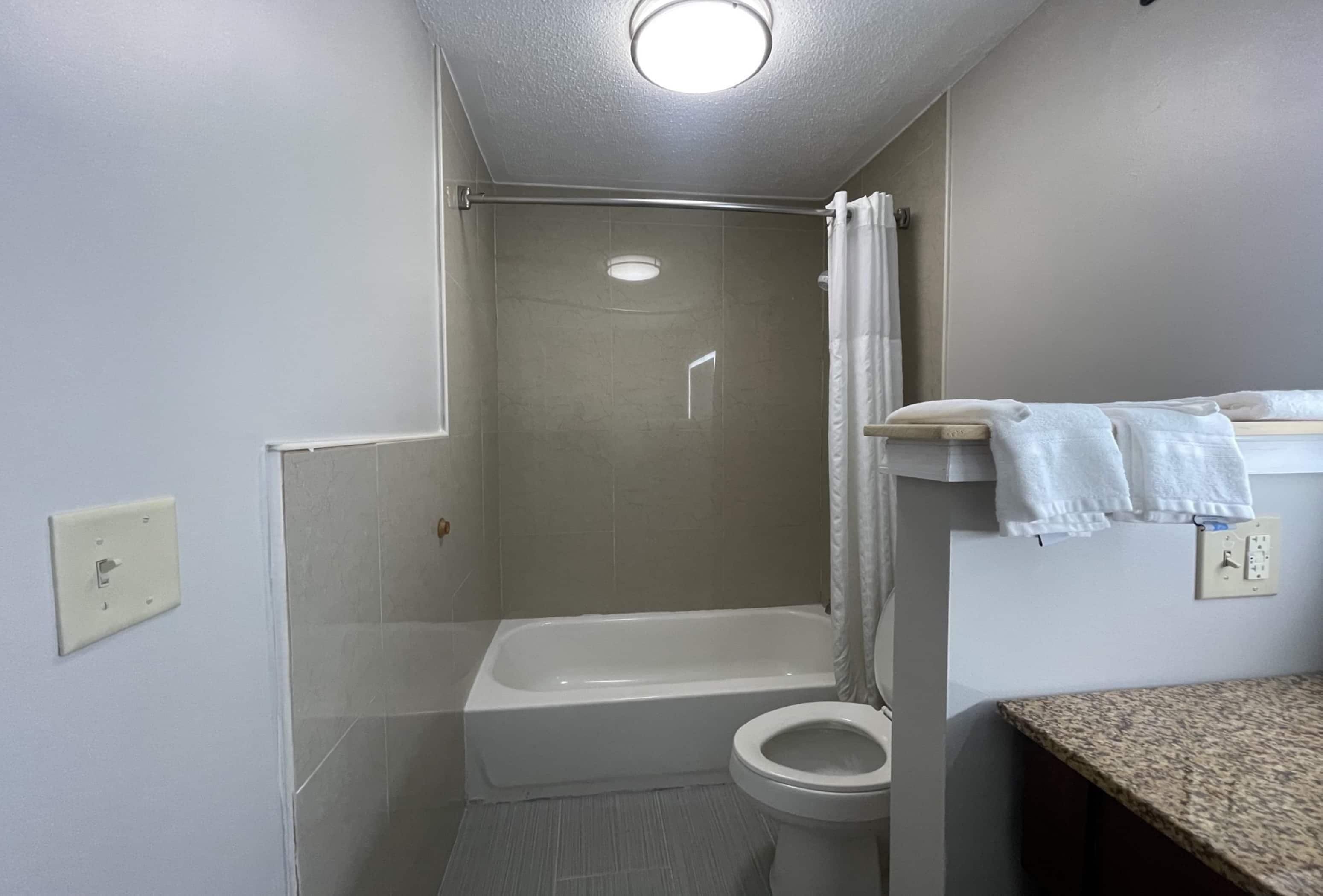 A bathroom with a shower, toilet, and a sink with a towel rack.