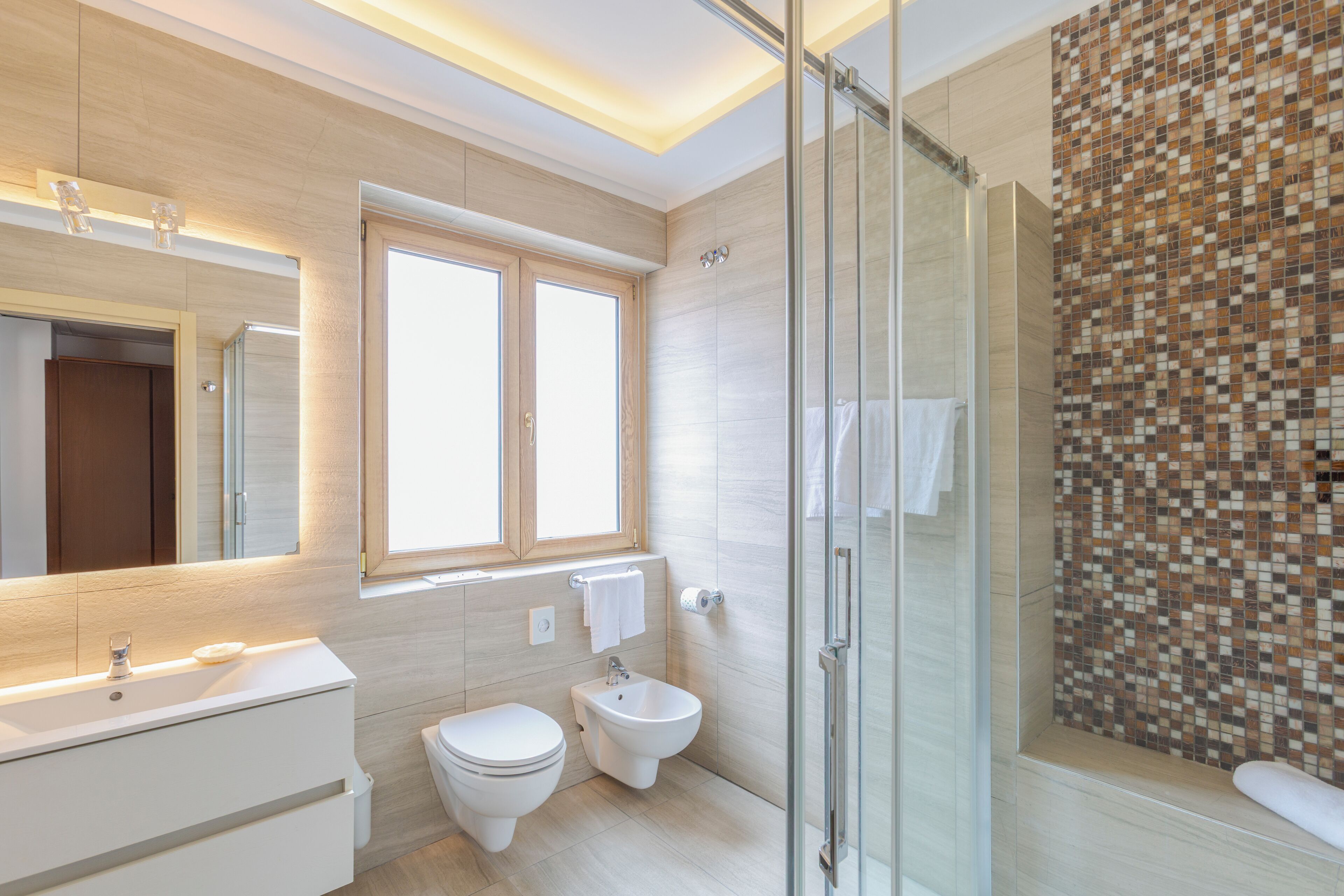 A modern bathroom with a glass shower enclosure, a bidet, a toilet, and a large mirror above the sink.