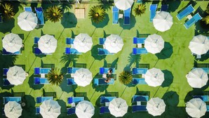 Un espace piscine aménagé sur le toit, doté de plusieurs chaises longues et de parasols, et entouré de palmiers.