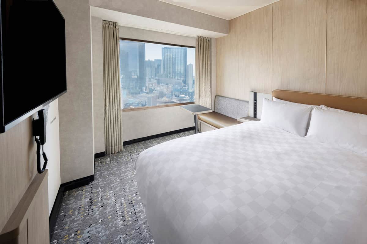 A hotel room with a large bed, a desk, a chair, a TV, and a window with a city view.